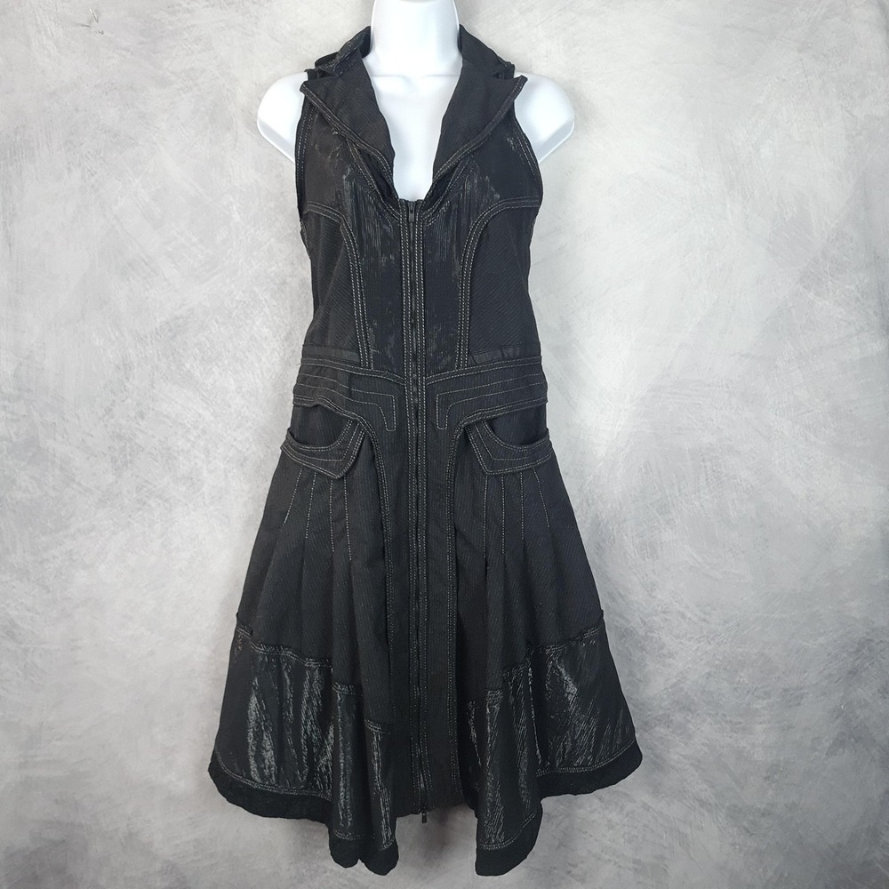 Beate Heymann Dress Womens 6 Black Zip Front Collared Fit Flare Pockets Striped